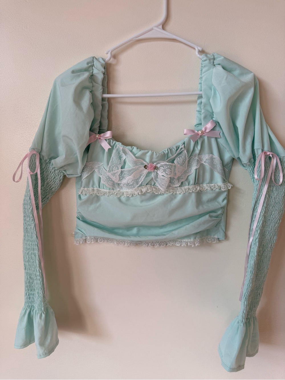 Mint Puff Sleeve Lace Crop Top with Pink Ribbon Accents